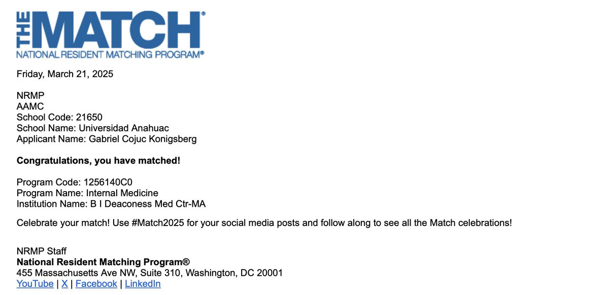 Gabriel Cojuc-Konigsberg (@cojucg) on Twitter photo Honored to have matched at <a href="/BIDMC_IM/">BIDMC IM Residency</a>! This wouldn't have been possible without everyone who has stood alongside me in this the journey. This is just the beginning—excited for the road ahead! #Match2025 #IMG Honored to have matched at <a href="/BIDMC_IM/">BIDMC IM Residency</a>! This wouldn't have been possible without everyone who has stood alongside me in this the journey. This is just the beginning—excited for the road ahead! #Match2025 #IMG