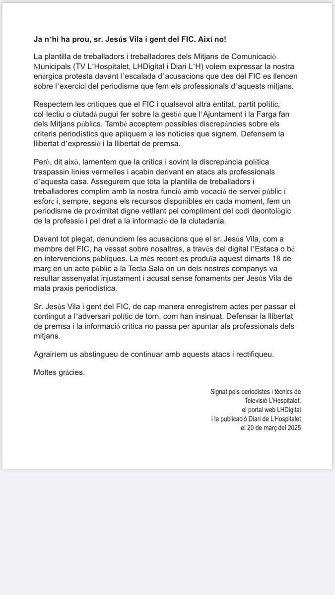duran_fco's tweet photo. 🔊 Comunicat de la plantilla dels Mitjans de Comunicació de #LH en relació a l’acte de l’entitat FIC, ‘Tribunes Crítiques’, del 18/3/25, a la biblioteca central Tecla Sala.

👇🏻👇🏻👇🏻👇🏻 https://t.co/jYgk2FRNln