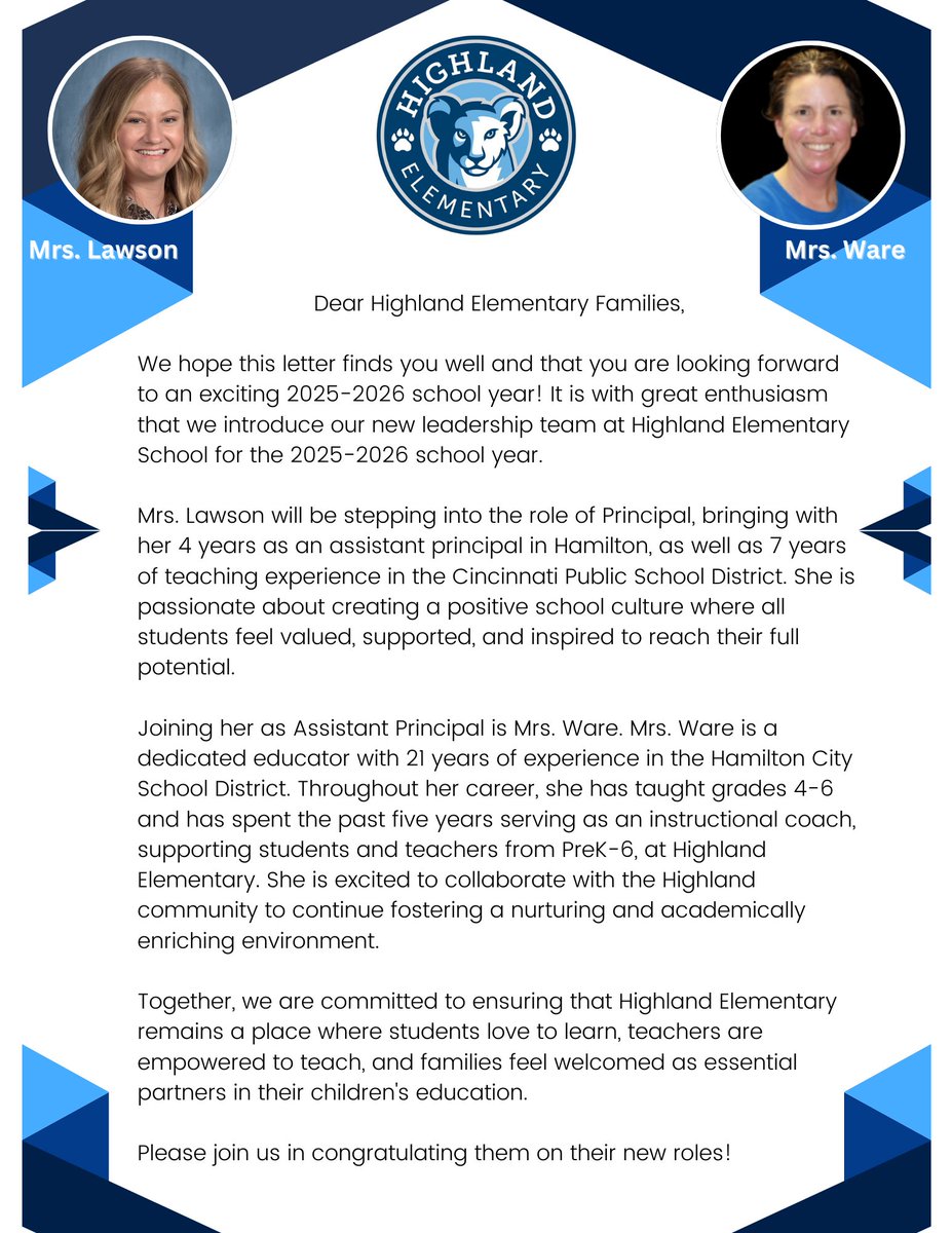 Highland Elementary School is excited to announce our new school leadership for the 2025-2026 school year!
