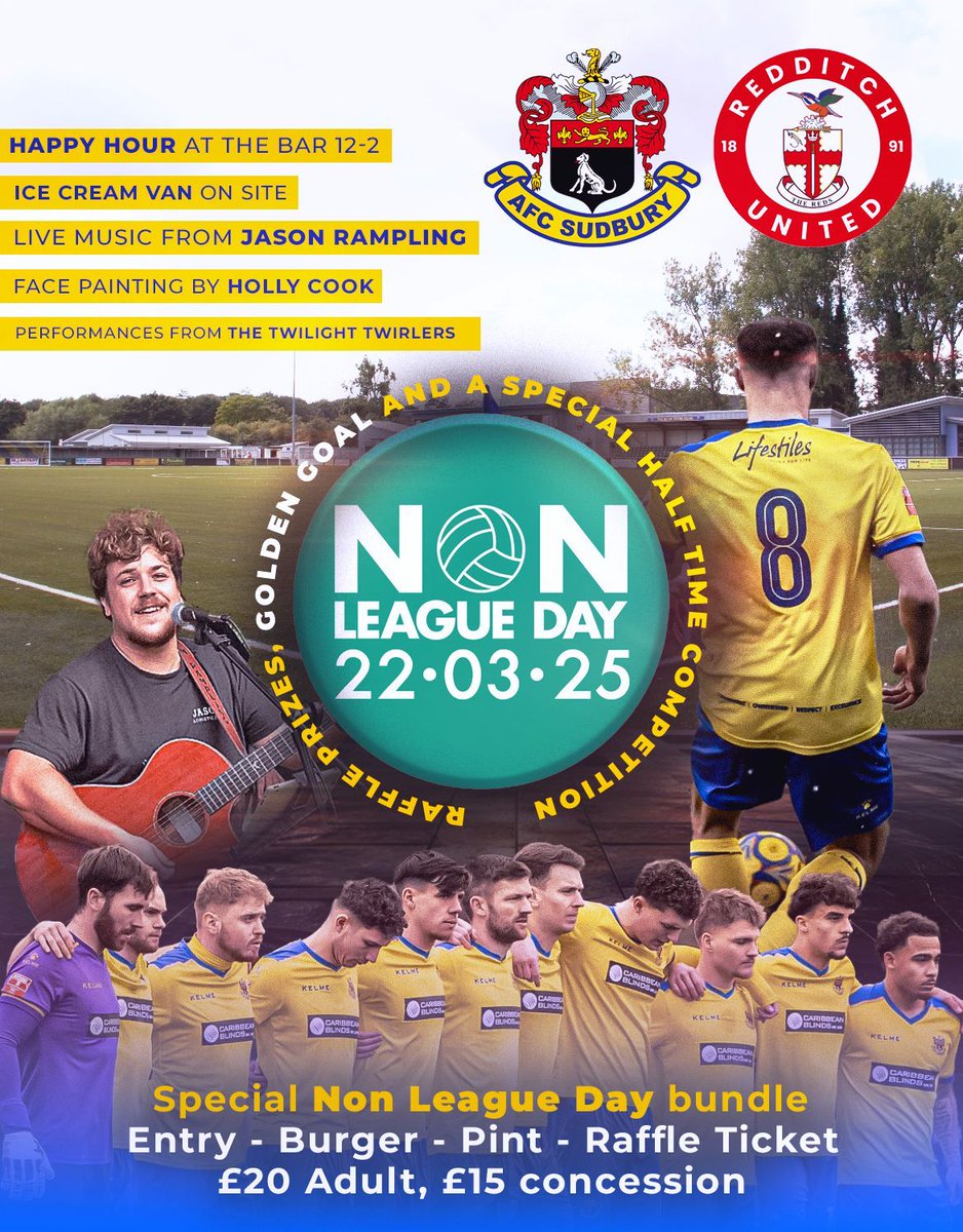 AFC Sudbury (@afcsudbury) on Twitter photo Tomorrow!
It's <a href="/nonleaguedayuk/">Non-League Day</a>! And we host <a href="/RedditchUtd/">Redditch United</a> in the <a href="/SouthernLeague1/">The Pitching In Southern Football League</a>. Plenty going on, so come on down and join in the fun! 💛💙 Tomorrow!
It's <a href="/nonleaguedayuk/">Non-League Day</a>! And we host <a href="/RedditchUtd/">Redditch United</a> in the <a href="/SouthernLeague1/">The Pitching In Southern Football League</a>. Plenty going on, so come on down and join in the fun! 💛💙