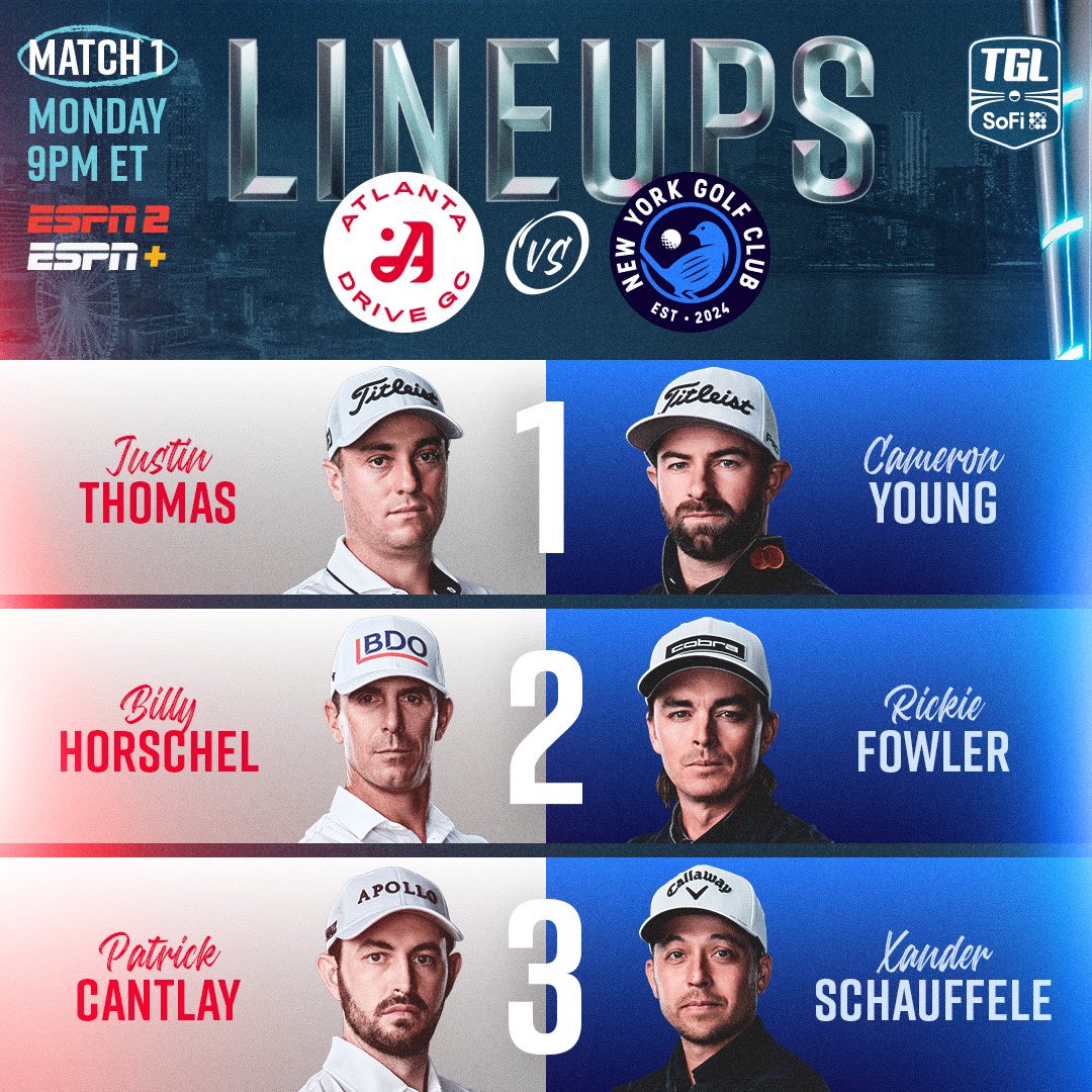ESPN PR (@espnpr) on Twitter photo Monday, the first-ever <a href="/TGL/">TGL</a> Championship Finals tee off!
<a href="/atlantadrivegc/">Atlanta Drive GC</a> vs <a href="/nygolfclub/">New York Golf Club</a>
⛳️ Match 1 | Mon | 9p ET | ESPN2, ESPN+
⛳️ Match 2 | Tue | 7p ET | ESPN, ESPN+
⛳️ Match 3* | Tue | 9p ET | ESPN, ESPN+
*If necessary (Best of 3) Monday, the first-ever <a href="/TGL/">TGL</a> Championship Finals tee off!
<a href="/atlantadrivegc/">Atlanta Drive GC</a> vs <a href="/nygolfclub/">New York Golf Club</a>
⛳️ Match 1 | Mon | 9p ET | ESPN2, ESPN+
⛳️ Match 2 | Tue | 7p ET | ESPN, ESPN+
⛳️ Match 3* | Tue | 9p ET | ESPN, ESPN+
*If necessary (Best of 3)