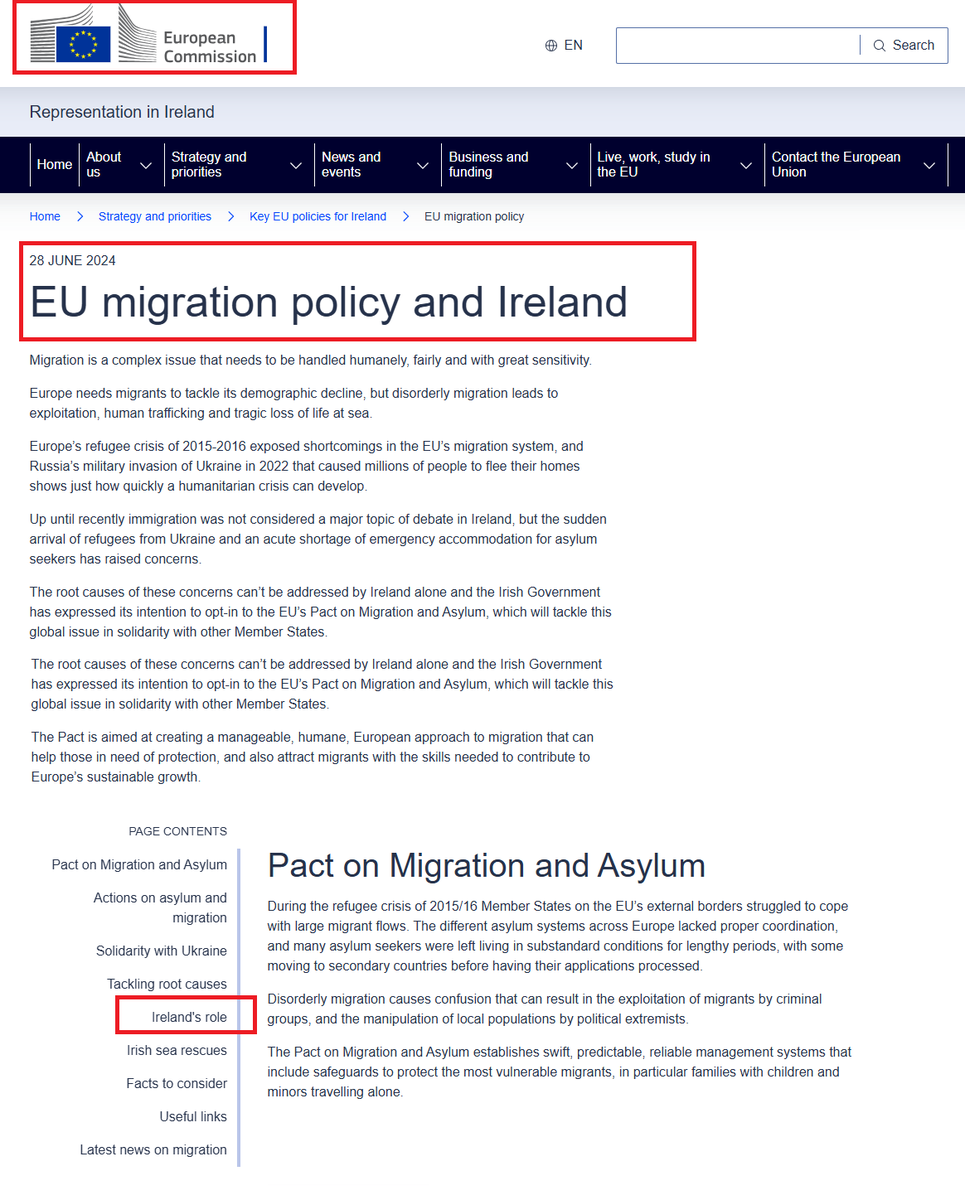 TraceyOMahony81's tweet photo. In general, the law of the European Union applies to all 27 member states. However, occasionally member states negotiate certain opt-outs or opt-in’s to or from legislation or treaties, meaning they do not have to participate in certain policy areas regardless of what laws the EU may put in place. Currently, only 3 member states have such opt-outs or opt-in’s: 

•Denmark (2)
•Ireland (2)
•Poland (1) 

So when laws are enacted at an EU level in the area of freedom, security or justice (which includes immigration and asylum), Ireland is not legally bound by any such laws, unless we specifically and voluntarily opt-into those laws. 

The opt-in provision with respect to freedom, security and justice was originally obtained by Ireland and the United Kingdom in a protocol to the Treaty of Amsterdam of 1997, with the opt-in being retained by both Ireland and the UK with the passing of the Treaty of Nice in 2002 and the Treaty of Lisbon in 2008. This opt-in provision is referred to as Protocol 21.

The below screenshots have just been taken from the European Commission website and confirm that:

"There is no EU obligation for Ireland to take in refugees as it has an opt-in or opt-out clause on individual proposals in the areas of freedom, security and justice through the EU Treaty of Lisbon.....The Irish government has decided to opt-in to the Pact on Migration and Asylum"

The Irish Government does not work for the Irish people. They work for the European Union.