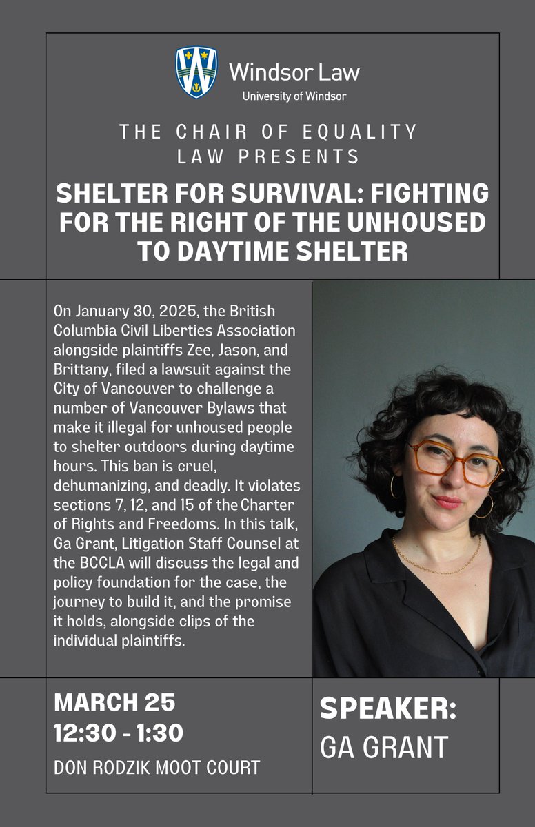 Windsor Law (@windsorlaw) on Twitter photo Join us for an important conversation with Ga Grant (BCCLA Litigation Counsel) on the fight to protect the rights of unhoused people in Vancouver.
š March 25, 2025
ā° 12:30 PM - 1:30 PM
š Don Rodzik Moot Court (Room 1150), Windsor Law
Register here: uwindsor.ca1.qualtrics.com/jfe/form/SV_51⦠Join us for an important conversation with Ga Grant (BCCLA Litigation Counsel) on the fight to protect the rights of unhoused people in Vancouver.
š March 25, 2025
ā° 12:30 PM - 1:30 PM
š Don Rodzik Moot Court (Room 1150), Windsor Law
Register here: uwindsor.ca1.qualtrics.com/jfe/form/SV_51ā¦