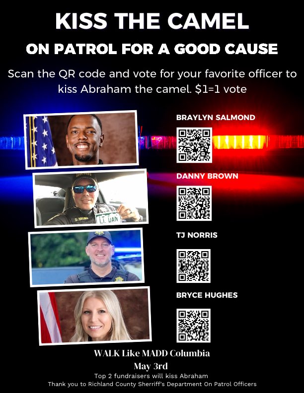 DeputyBHughes's tweet image. Hello guys! We are trying to raise money for MADD (Mothers Against Drunk Driving). If you scan my QR code, you can donate $1 per vote for me to 💋 a camel for a good cause. The 2 most votes will make Abraham the camel a lucky guy!