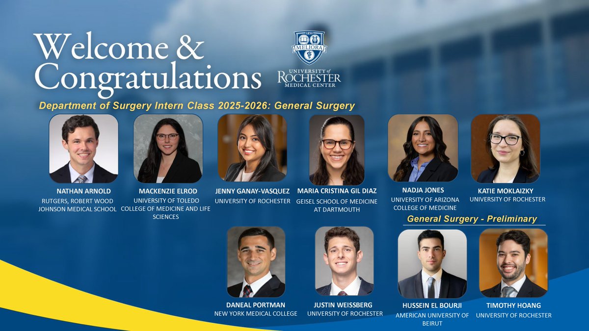 URMC Department of Surgery (@urochestersurg) on Twitter photo It's #MatchDay25! 🎉 Excited to welcome our AMAZING 2025-2026 General Surgery Interns! Looking forward to seeing you all this summer and starting our journey together! 🌟
#Meliora
<a href="/URMCSurgery/">URMC Surgery Residents</a> <a href="/UR_Med/">UR Medicine</a> <a href="/URochester_SMD/">URochester SMD</a> <a href="/SurgeryUr/">UR Plastic & Reconstructive Surgery</a> <a href="/urvascularsurg/">URMCvascularsurg</a> It's #MatchDay25! 🎉 Excited to welcome our AMAZING 2025-2026 General Surgery Interns! Looking forward to seeing you all this summer and starting our journey together! 🌟
#Meliora
<a href="/URMCSurgery/">URMC Surgery Residents</a> <a href="/UR_Med/">UR Medicine</a> <a href="/URochester_SMD/">URochester SMD</a> <a href="/SurgeryUr/">UR Plastic & Reconstructive Surgery</a> <a href="/urvascularsurg/">URMCvascularsurg</a>