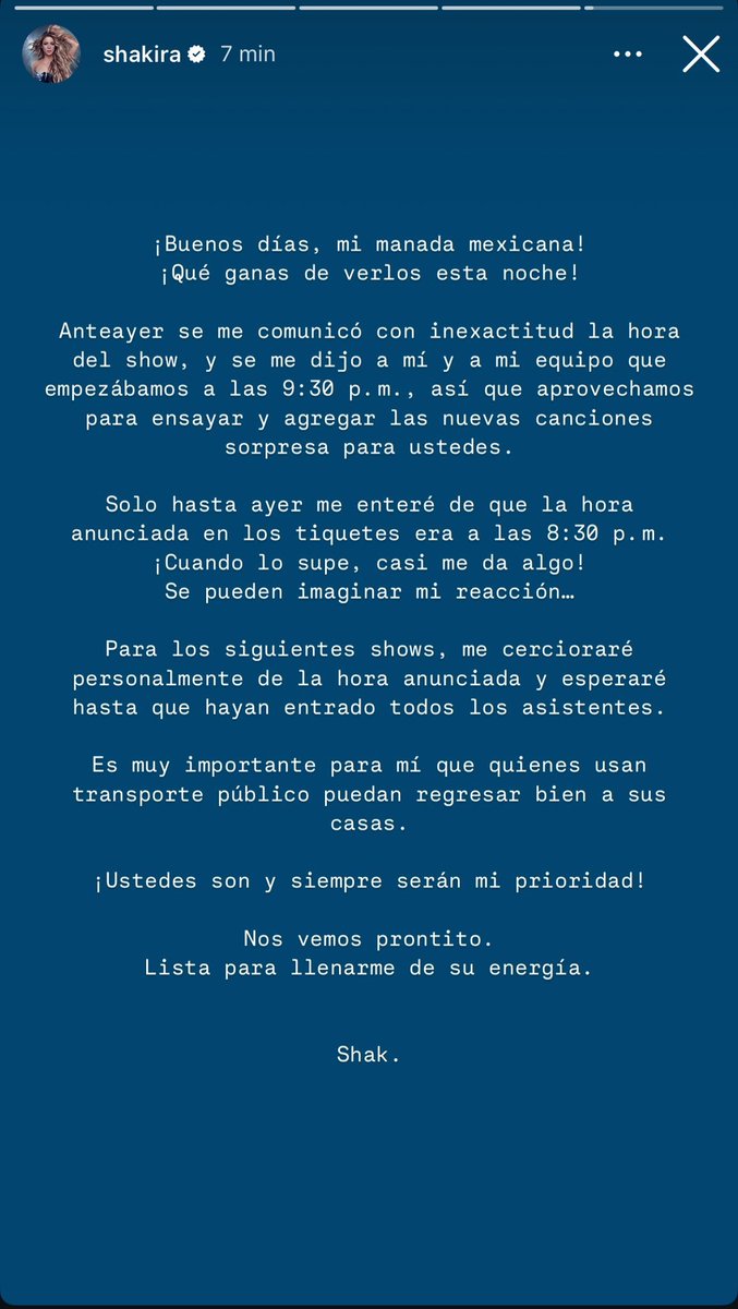 Ante todo, es muy atenta, la Reina #Shakira se siente apenada de haber salido a las 10 pm a cantar. Ya no volverá a pasar de acuerdo con su comunicado.

#BuenosDías #Sigueme #FelizViernesATodos #Giveaway