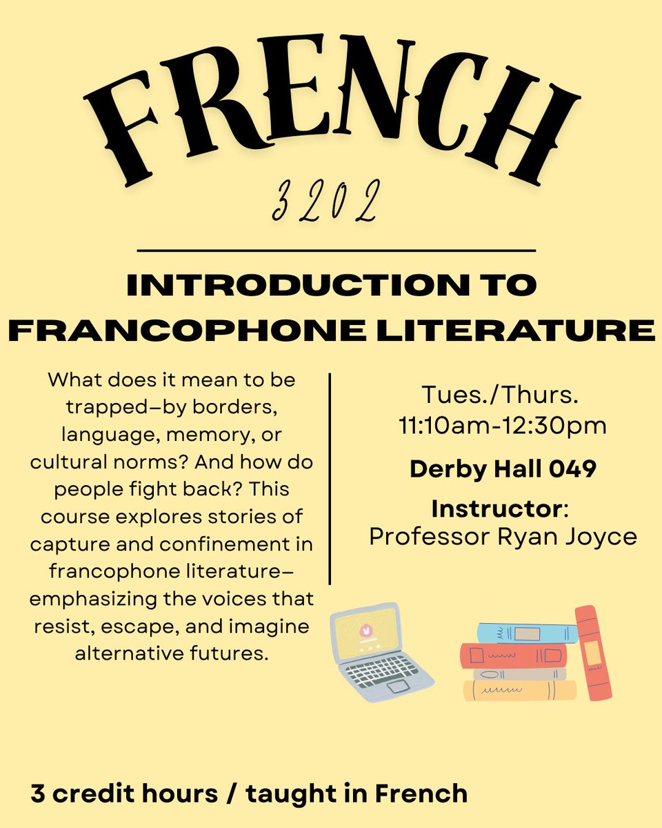 AUTUMN '25 COURSE OFFERING:
French 3202: Introduction to Francophone Literature

For more information, please visit the link below:
frit.osu.edu/autumn-2025-co…