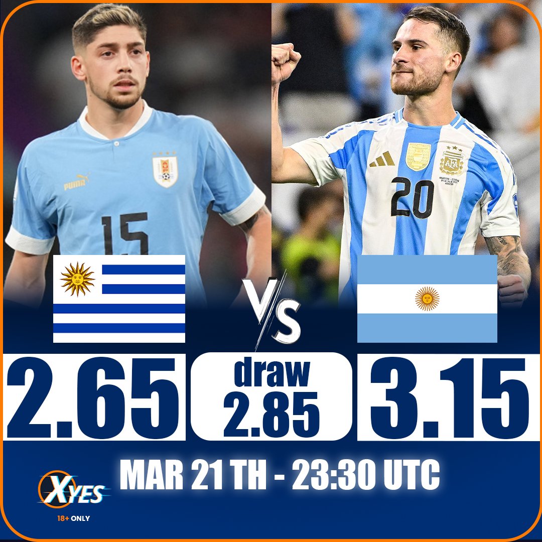Xyes_com's tweet image. Uruguay VS Argentina, the South American derby is heating up! 🔥⚽ 

Who will have the last laugh? 🏆💥 

#SouthAmericanDerby #FootballOdds #UruguayVsArgentina
