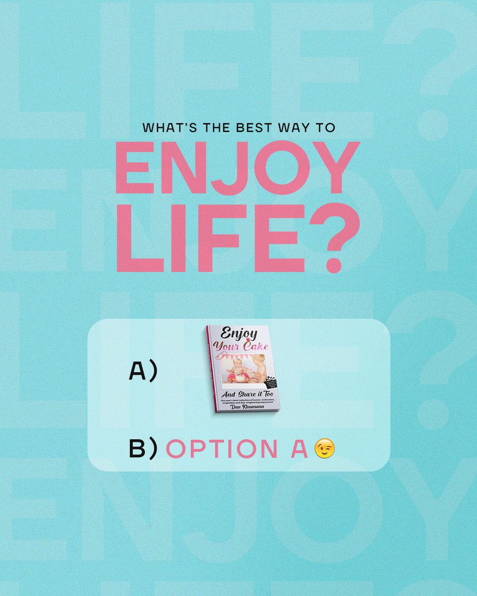 A book that’s equal parts laughter, wisdom, and good vibes.

You can pick option a, or option b, both are correct!

Choose the obvious winner: a.co/d/1G25ji8

#BookTok #WritersCommunity #DanKlusmann #EnjoyYourCake #TravelReads #CoffeeTableBook #BookLovers #MustRead