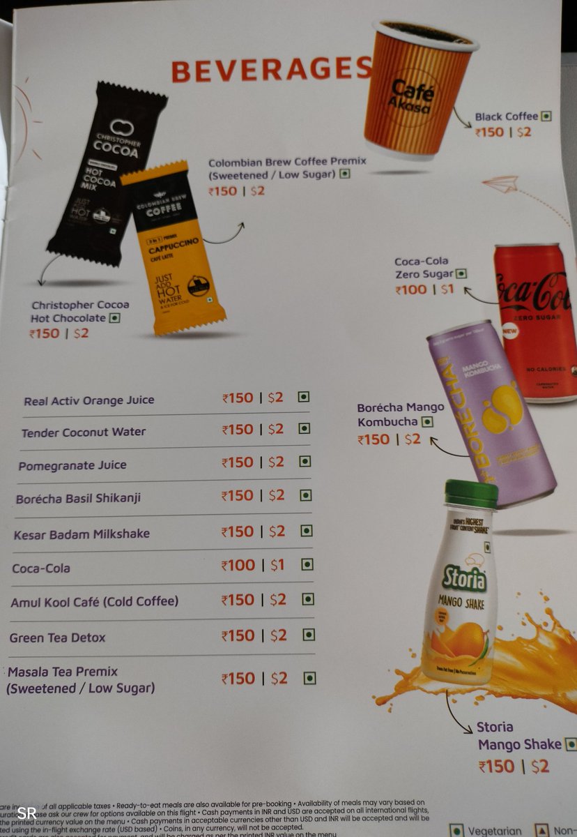 shivangrathi's tweet photo. In-flight menu ✈️🛫

From Black Coffee to Borécha Mango Kombucha, everything’s at ₹100 ($1) or ₹150 ($2), but 1$=85.98INR

heads up—in-flight exchange rates differ, so 1$ becomes 100INR 😔😧
#TravelTips #InFlightMenu #ExchangeRate https://t.co/KAxndjltsm