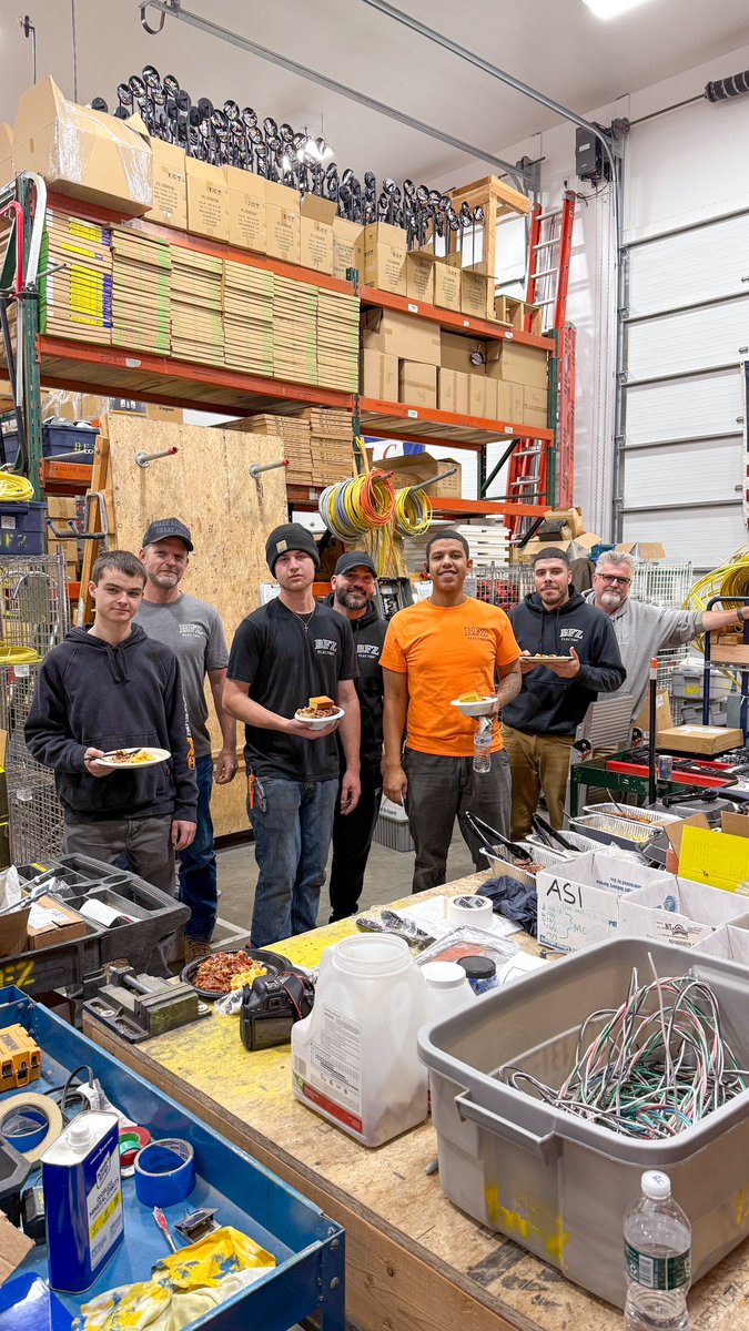 BFZelectric's tweet photo. Meal Day Friday in the prefab shop to celebrate our 3 newest registered apprentices! Congratulations to Jonathan, Vinny and Sebastian⚡️These guys have worked hard day in and day out to earn their spot and we’re thrilled to have them on the team and see the them grow in the trade💪 #TeamBFZ #FutureElectricians