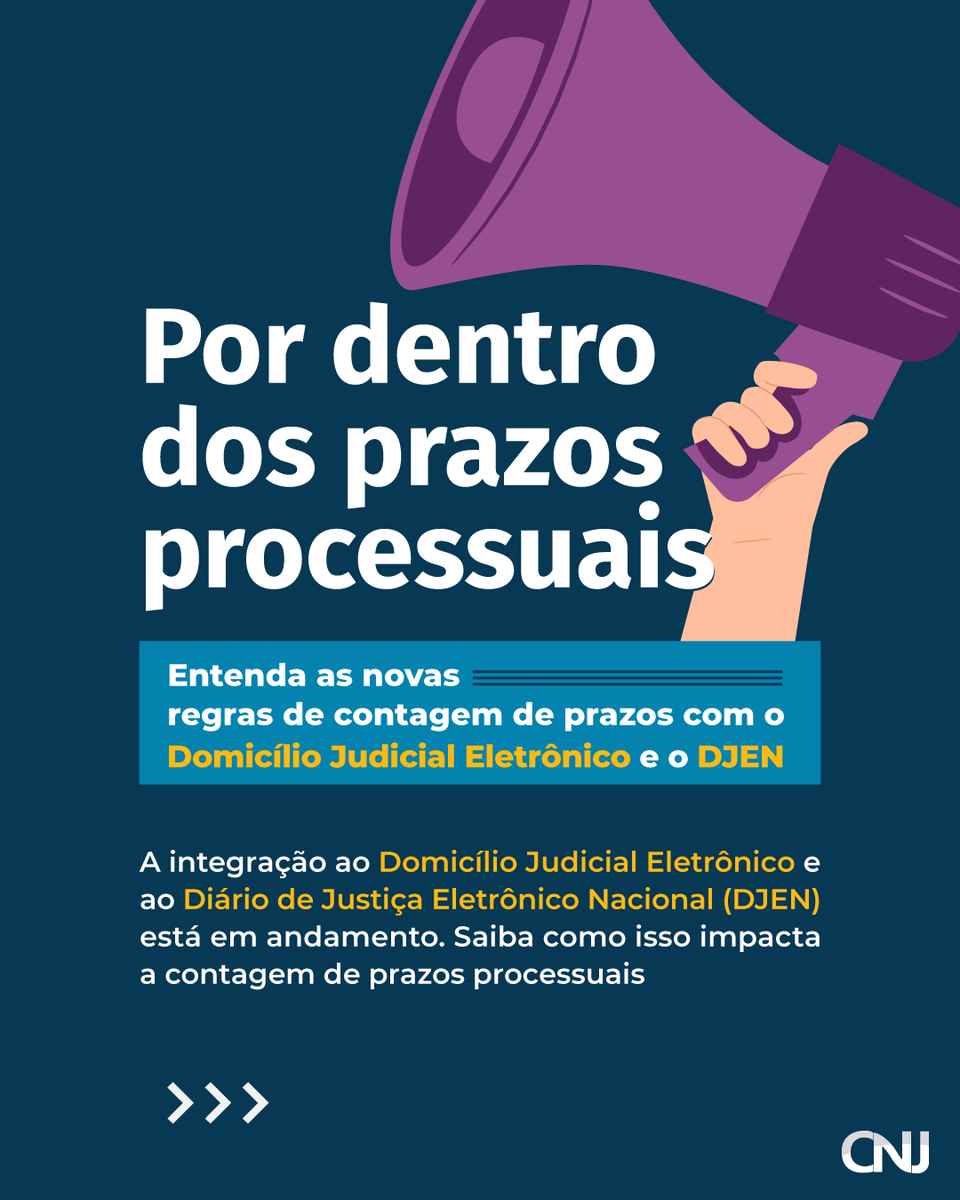 CNJ_oficial's tweet photo. ⚖️💻 Fique por dentro das mudanças no CNJ!
Entenda como funciona a contagem de prazos processuais com o Domicílio e o Diário de Justiça Eletrônico Nacional (DJEN).
#DireitoDigital #Domicílio #DJEN #Advocacia https://t.co/wbkNpKjkQS
