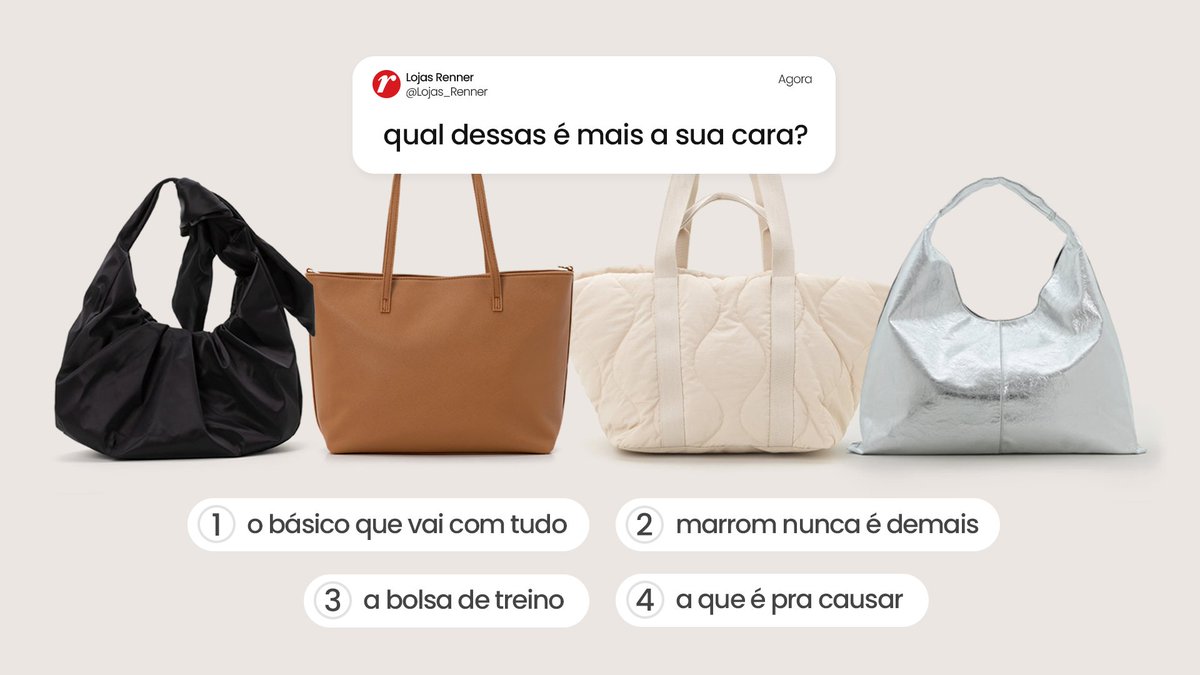 Lojas_Renner's tweet photo. 🚨 alerta de bolsa que é trend 🚨

a maxi bolsa resolve tudo: cabe carteira, make, lanchinho, casaquinho e, até a garrafinha de água.

vem ver as opções que já estão prontas pra te acompanhar: https://t.co/K4eURVkGi9 https://t.co/nw9BxF5RMG
