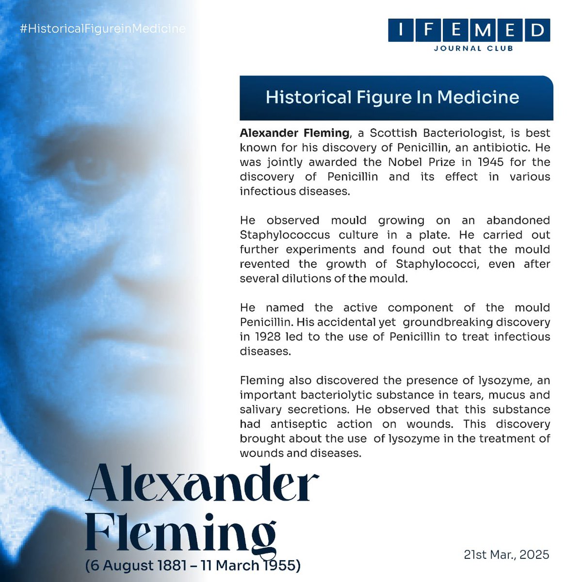 Today on Historical Figures in Medicine, honouring Sir Alexander Fleming, the brilliant bacteriologist behind the discovery of Penicillin, who changed the course of medical history. His accidental yet groundbreaking findings in 1928 led to the development of the first widely used