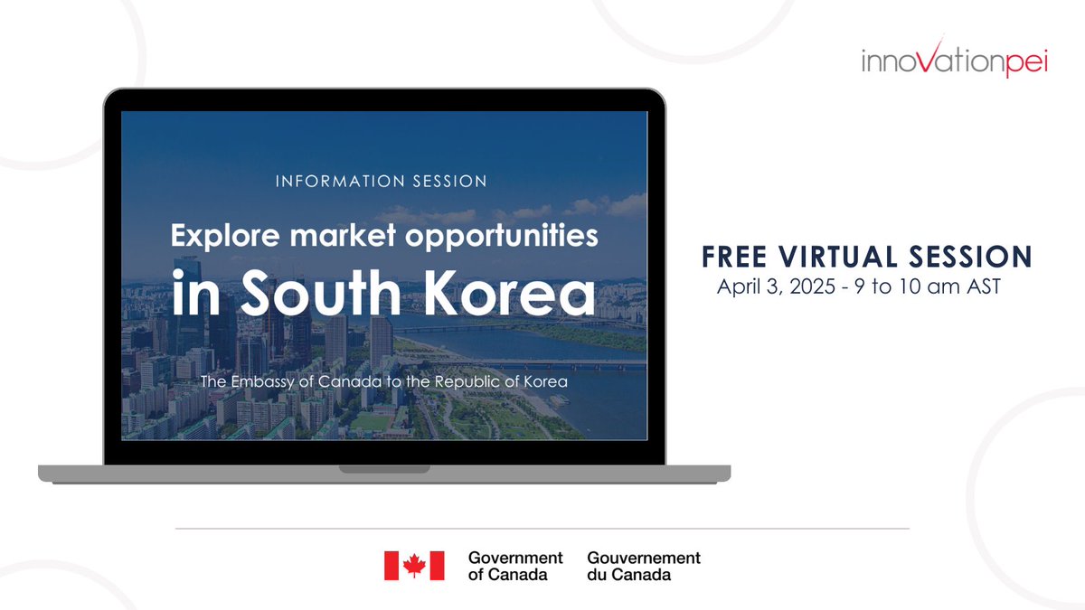 Innovation PEI (@innovation_pei) on Twitter photo Join Global Affairs Canada - Atlantic office, on April 3rd for an information session featuring John Zimmerman, Minister and Senior Trade Commissioner, and his team from the Canadian Embassy to the Republic of Korea. 🇰🇷
RSVP with aline.leblanc@international.gc.ca Join Global Affairs Canada - Atlantic office, on April 3rd for an information session featuring John Zimmerman, Minister and Senior Trade Commissioner, and his team from the Canadian Embassy to the Republic of Korea. 🇰🇷
RSVP with aline.leblanc@international.gc.ca