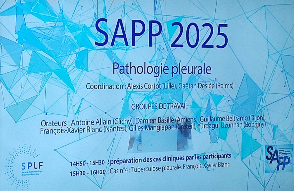 Séminaire SAPP de la #SPLF  sur la pathologie pleurale. Jeunes pneumologues investis, experts passionnants, connectivite, infection, tuberculose, cancer traumatisme, maladie rare... Un bel éventail de la pleurologie, bientôt en replay sur splf.fr