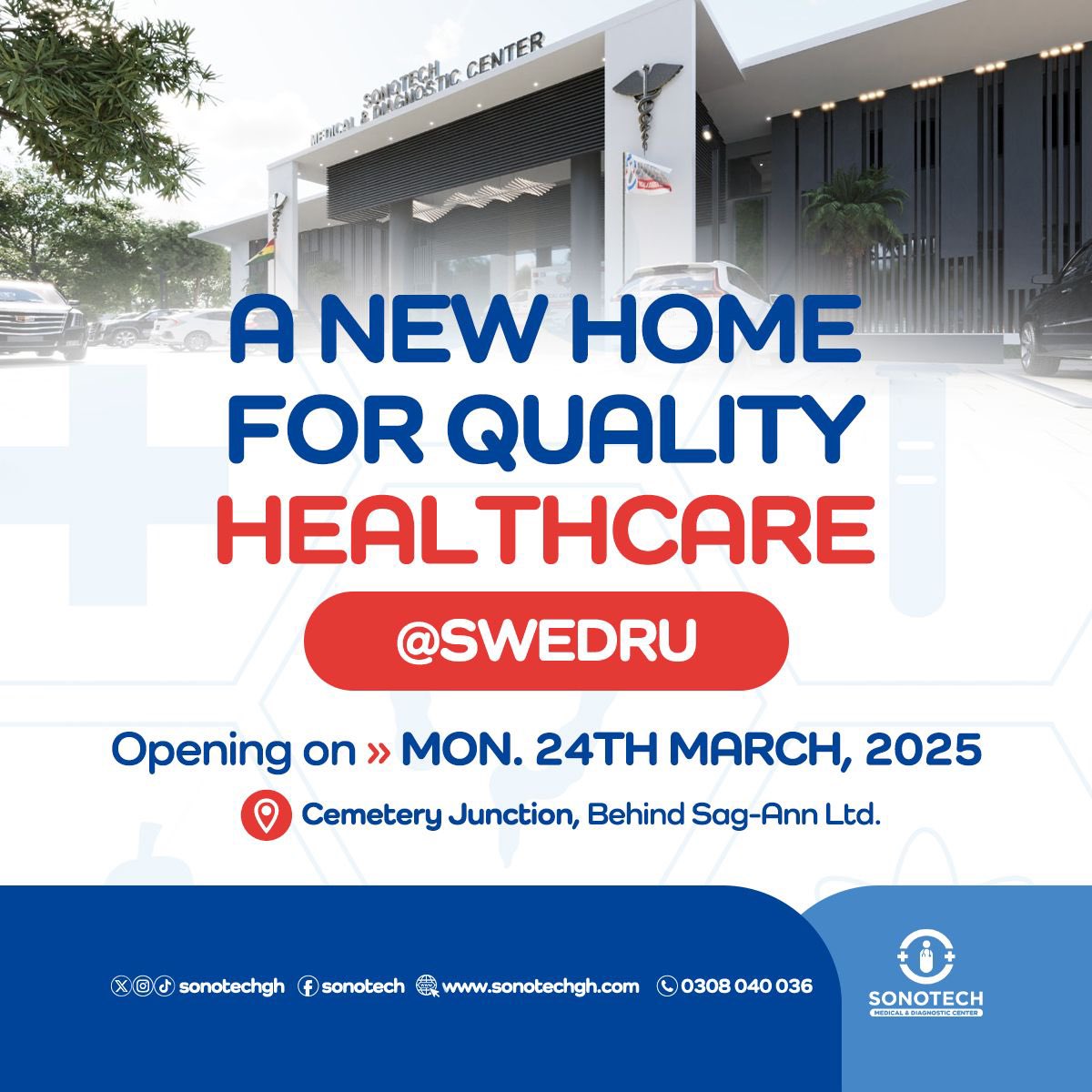 Sonotechgh's tweet image. 🎉📍 Exciting News🌟 Sonotech is thrilled to announce the opening of our brand new branch at Swedru on Monday 24th March.📍🏥 Located at Cemetery Junction, behind Sag-Ann Ltd📍

#SonotechSwedru #QualityHealthcare
#NewBranch
#SonotechCares