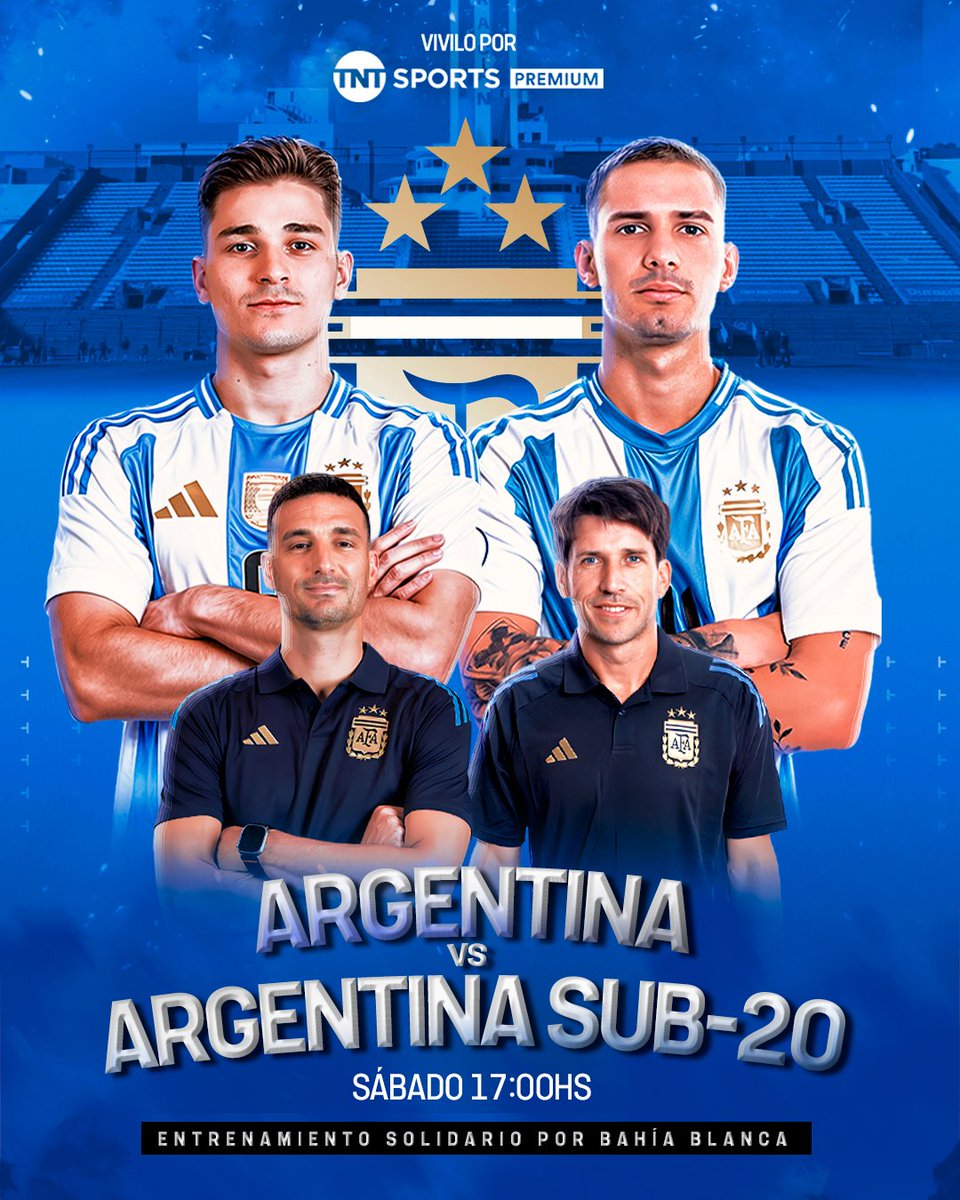 TNTSportsAR's tweet photo. EL PARTIDO SOLIDARIO POR BAHÍA BLANCA, EN VIVO POR TNT SPORTS 🚨

⚽ La Scaloneta vs. Selección Argentina Sub 20
▶️ Entrenamiento en Huracán
🗓️ Sábado 17 hs.
📺 TNT Sports Premium https://t.co/84rFqdKpFB