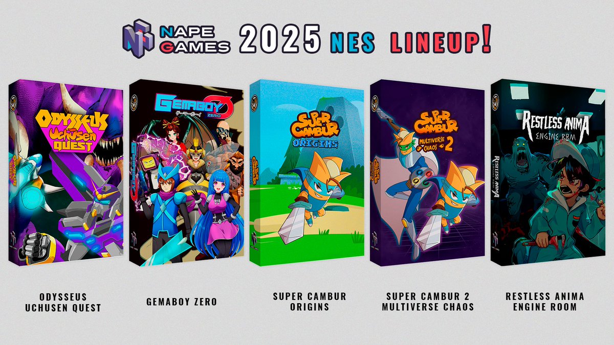 🎮 The future of NES gaming is here! We have 5 new NES games in production, soon to be in the hands of our Kickstarter backers and available through our friends at Mega Cat Studios!

✨ Coming soon:
🔹 Odysseus Uchusen Quest
🔹 Gemaboy Zero
🔹 Super Cambur Origins
🔹 Super Cambur