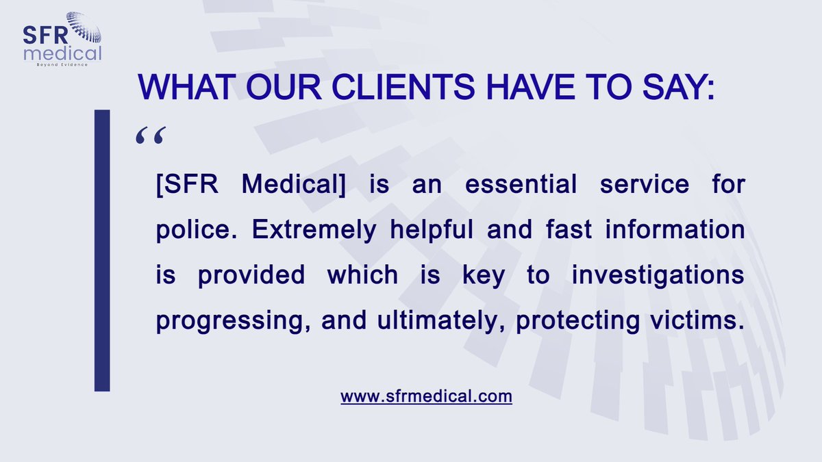 We are delighted to hear that our reports reached you quickly! At SFR Medical, we know how vital timely medical evidence is for investigations and we remain committed to delivering with speed and precision.

Reach out expert.witness@sfrmedical.com or visit sfrmedical.com