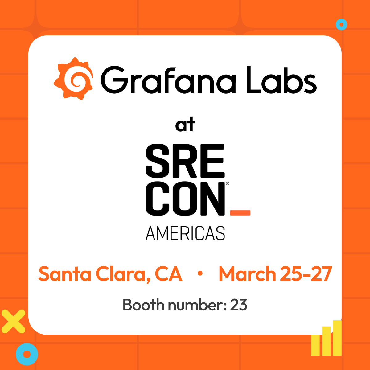 grafana's tweet photo. 👋 We're excited to be at #SRECON again! Visit us at booth 23 to get #Grafana swag and answers to your Grafana Stack questions.
And don't miss our lightning talks on Mar 26 during the 5:45 pm - 7:30 pm slot. See you there! https://t.co/I3L61WtnV5