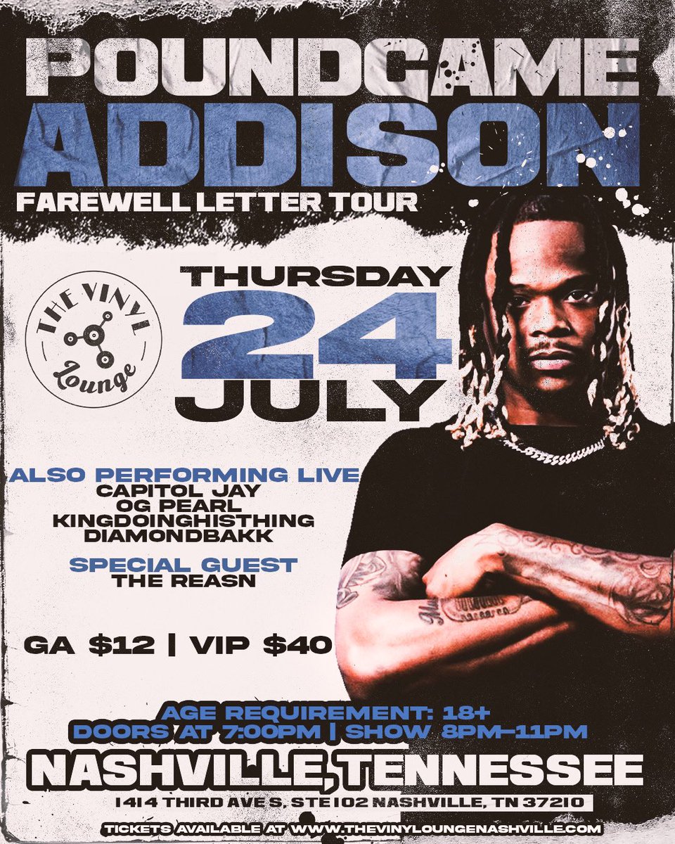 PoundgameMusic's tweet photo. 🚨 On sale now 🚨

Catch Poundgame Addison LIVE in Nashville, TN alongside @TheReasn on July 24th!!! 

Tickets ⬇️
https://t.co/TbzDuN2UZC

#nashville #Tennessee #tour https://t.co/Q3Ul841WeB