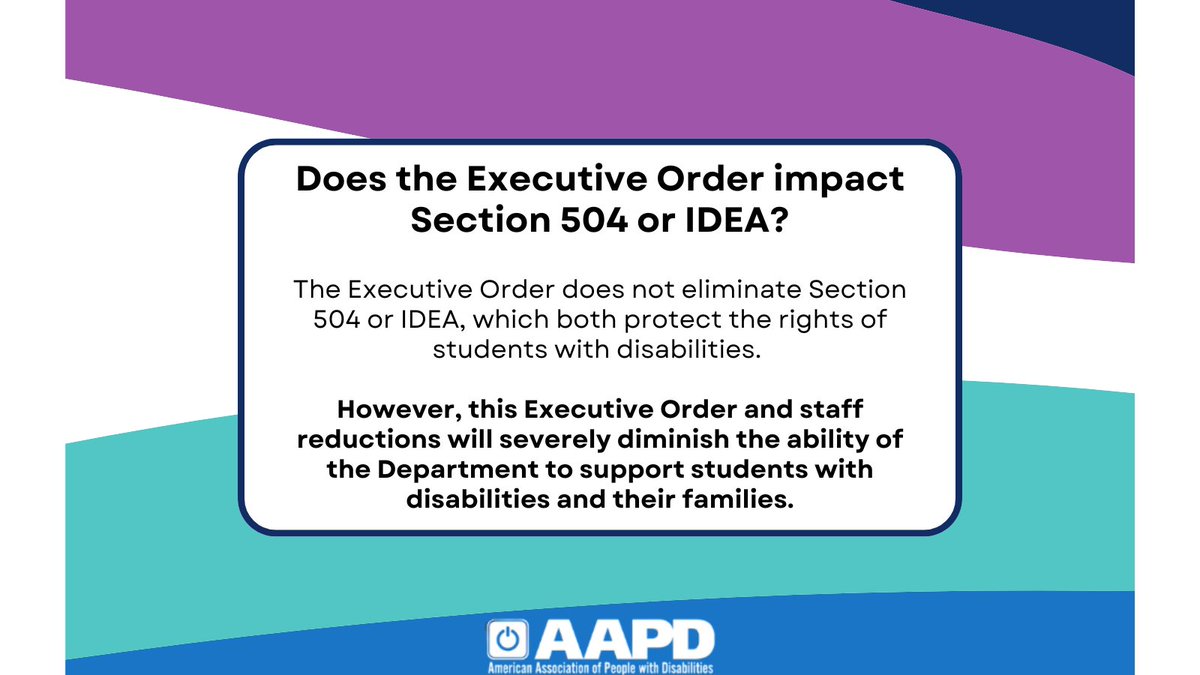 On March 20, President Trump issued an Executive Order directing the Department of Education to shut down. 

AAPD created a resource to help explain what this EO means for disabled students: aapd.com/explaining-ed-….  See the thread for a summary, and follow the link for the full