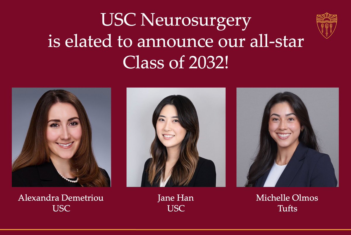 Gabriel Zada, MD, MS (@doctorzada) on Twitter photo The USC Department of #Neurosurgery <a href="/NeurosurgeryUSC/">USC Neurosurgery</a> is elated to announce this fantastic trio as our resident Class of 2032!
Welcome aboard!
#MatchDay #MatchDay2025 #MedicalEducation #Residency #ResidencyLife
<a href="/USCBTC/">USC Brain Tumor Center (uscbtc)</a> <a href="/KECKSchool_USC/">Keck School of Medicine of USC</a> <a href="/KeckMedicineUSC/">Keck Medicine of USC</a> <a href="/USC/">USC</a> The USC Department of #Neurosurgery <a href="/NeurosurgeryUSC/">USC Neurosurgery</a> is elated to announce this fantastic trio as our resident Class of 2032!
Welcome aboard!
#MatchDay #MatchDay2025 #MedicalEducation #Residency #ResidencyLife
<a href="/USCBTC/">USC Brain Tumor Center (uscbtc)</a> <a href="/KECKSchool_USC/">Keck School of Medicine of USC</a> <a href="/KeckMedicineUSC/">Keck Medicine of USC</a> <a href="/USC/">USC</a>