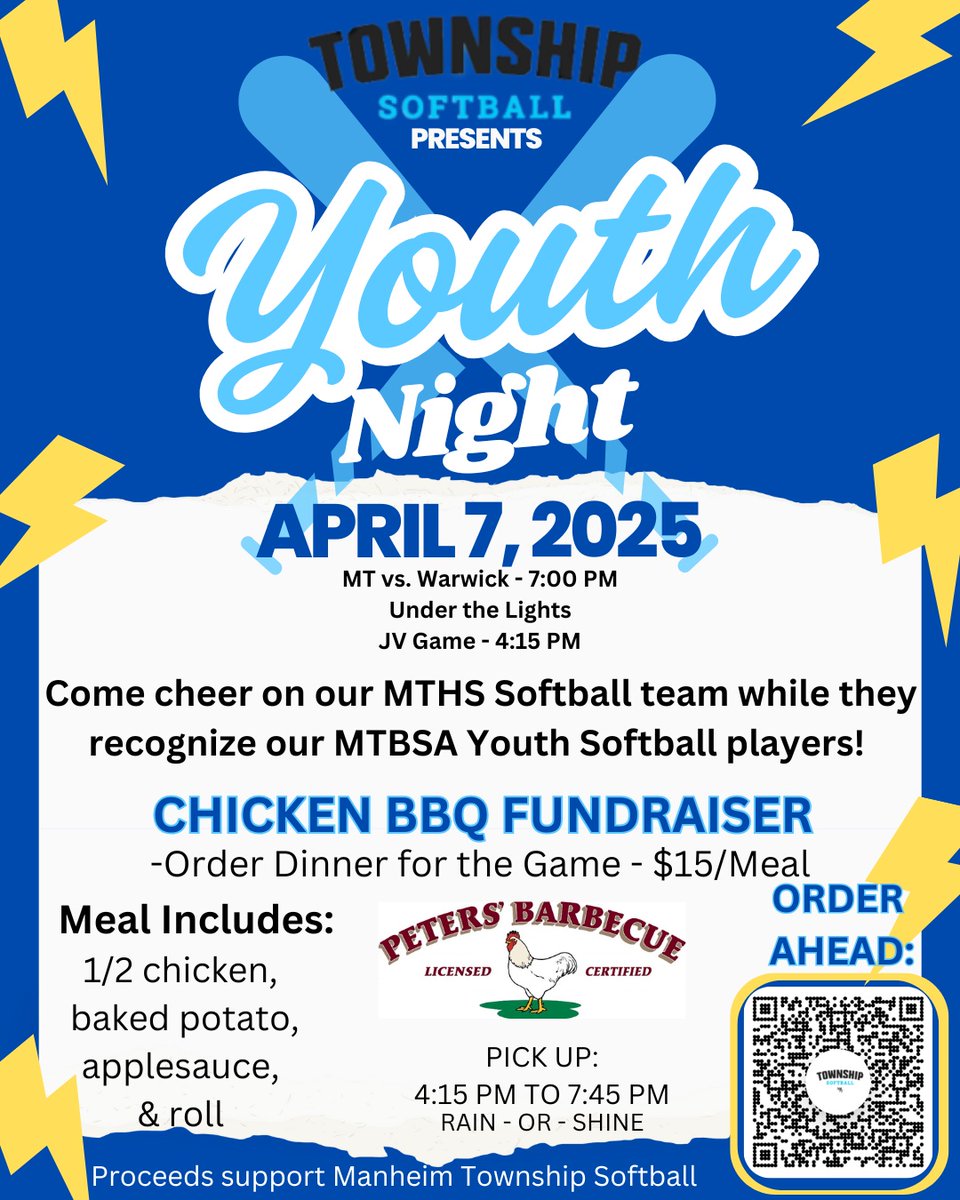 Join Manheim Township Softball for Youth Night on April 7 at 7:00 pm at the MT varsity softball field. 

Cheer on our MTHS Softball team and support our fundraiser by ordering your chicken dinner for only $15. 

Use the QR code below to place your order.