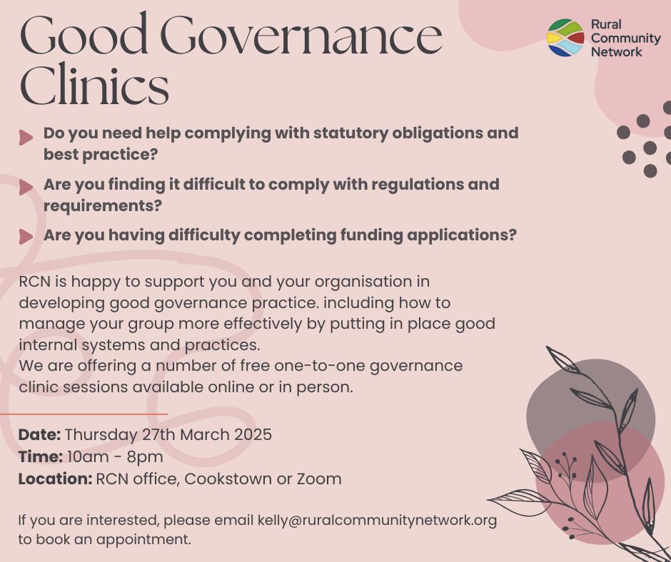 RCN NI (@ruralcommnet) on Twitter photo Free Good Governance Clinics - Thursday 27th March 2025
If you are interested, please email kelly@ruralcommunitynetwork.org or call 028 86766670 for further information and to book an appointment. Free Good Governance Clinics - Thursday 27th March 2025
If you are interested, please email kelly@ruralcommunitynetwork.org or call 028 86766670 for further information and to book an appointment.