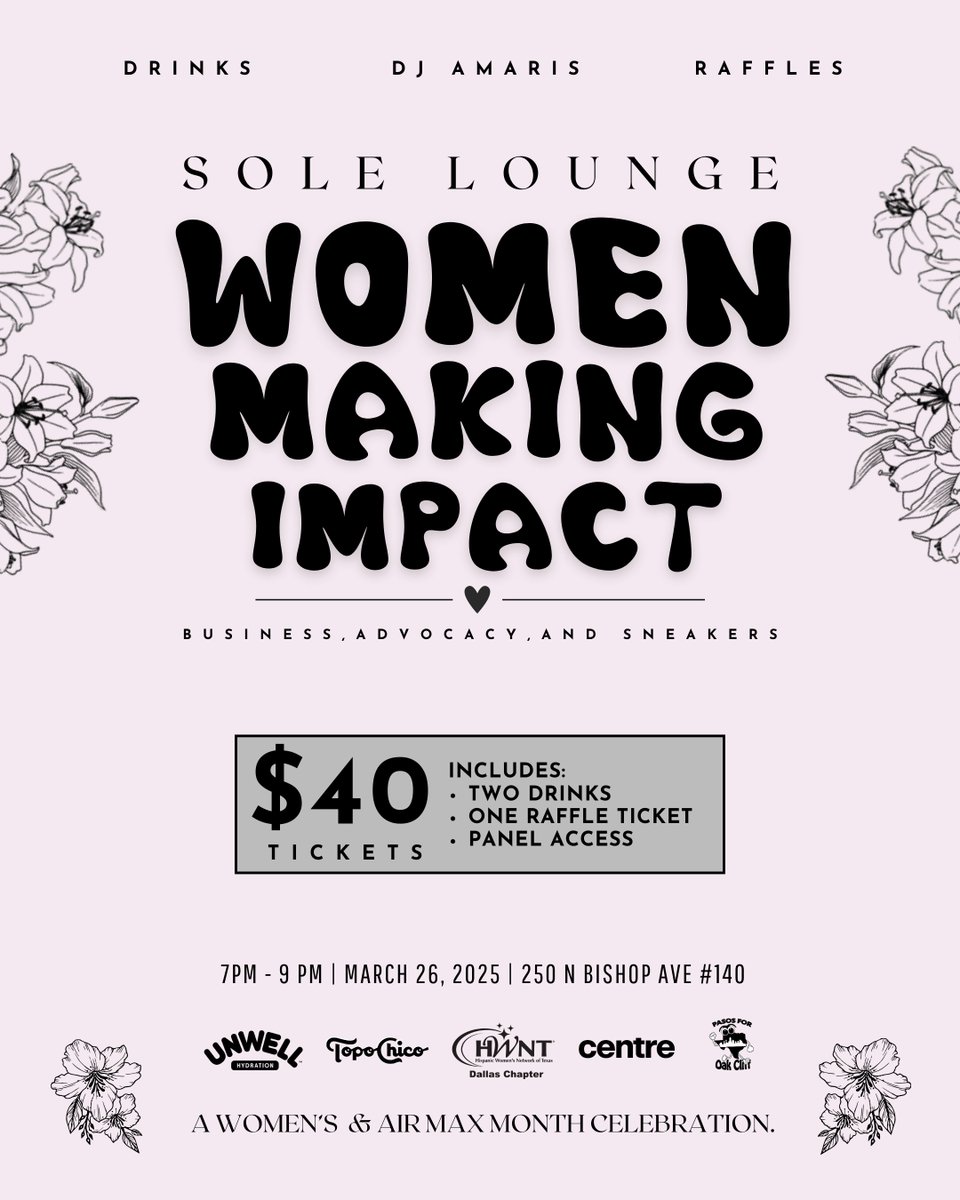 Women’s Making Impact 💐❤️👟

Join us, Unwell, the Hispanic Women’s Network of Texas, and Centre for an inspiring evening celebrating women who are making an impact in business, advocacy, and sneaker culture. 

Tickets: eventbrite.com/e/125578808897…