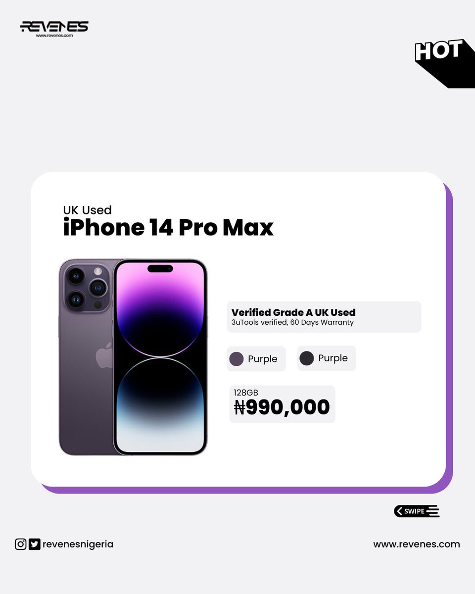RevenesNigeria's tweet image. Premium Grade A+. iPhone 14 Pro Max. 
60 Days Warranty. 
Very Clean and Sharp. Barely Used. 
Physical SIM Canada Models. 

#iPhone14 #iPhone14Pro #iPhone14ProMax #Revenes