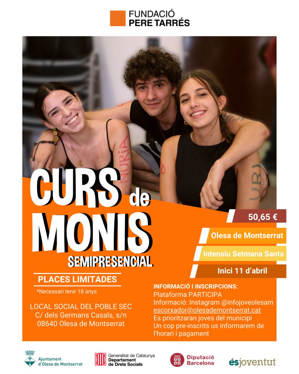 AjuntamentOlesa's tweet image. 🔴 FORMACIÓ

⚽ El Departament de Joventut organitza, conjuntament amb la Fundació Pere Tarrés, una nova edició intensiva del #curs de monitors i monitores de #lleure.
#Olesa
👇🏻