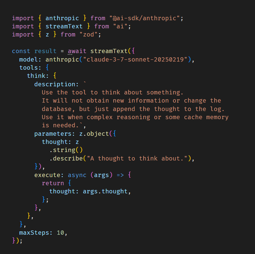mattpocockuk's tweet image. New research from Anthropic shows how a simple "think" tool can improve Claude's problem-solving skills.
Here's how to implement it in 28 lines of code.