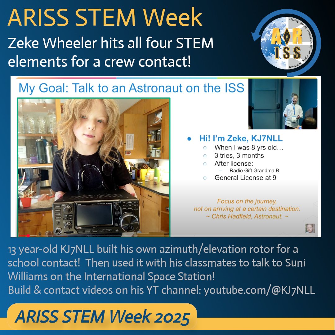 ARISS - Amateur Radio on the ISS (@ariss_intl) on Twitter photo Have you heard of Zeke Wheeler?
Zeke designed his own tracking equipment for his schools ARISS contact with <a href="/Astro_Suni/">Sunita Williams</a>! Just another great #STEMweek story!
Zeke's on YouTube at youtube.com/@KJ7NLL Have you heard of Zeke Wheeler?
Zeke designed his own tracking equipment for his schools ARISS contact with <a href="/Astro_Suni/">Sunita Williams</a>! Just another great #STEMweek story!
Zeke's on YouTube at youtube.com/@KJ7NLL
