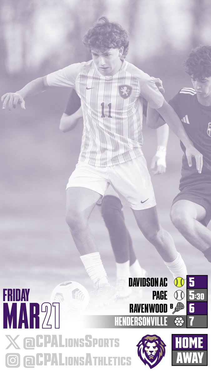 FRI, March 21
🥎 5:00 CPA vs Davidson Ac
⚾️ 5:30 CPA at Page
🥍 6:00 CPA (B) vs Ravenwood
⚽️ 7:00 CPA at Hendersonville (at Drakes Creek Park)