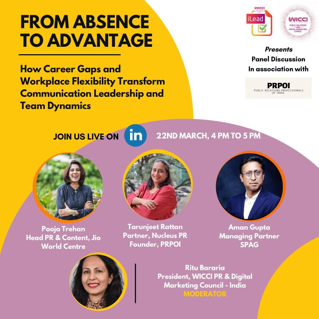 WICCI Public Relations & Digital Marketing Council (@wicciprdigital) on Twitter photo Join us for an insightful panel discussion on ‘How career gaps and workplace flexibility transform communications leadership and workplace dynamics’.
In partnership with <a href="/prpoi_india/">PRPOI</a>, it will feature industry leaders <a href="/PoojaTrehan/">Pooja Trehan</a>, <a href="/mindtweak123/">Tarunjeet</a>, and <a href="/saysaman/">Aman Gupta</a>. Join us for an insightful panel discussion on ‘How career gaps and workplace flexibility transform communications leadership and workplace dynamics’.
In partnership with <a href="/prpoi_india/">PRPOI</a>, it will feature industry leaders <a href="/PoojaTrehan/">Pooja Trehan</a>, <a href="/mindtweak123/">Tarunjeet</a>, and <a href="/saysaman/">Aman Gupta</a>.