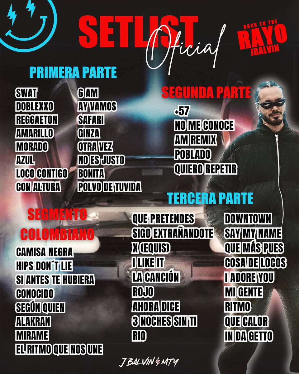 JBalvinMty's tweet photo. SETLIST OFICIAL "BACK TO THE RAYO TOUR" ⚡️
.
.
.
#jbalvin #backtotherayo #tour #lafamilia https://t.co/cdGnfwhMkC