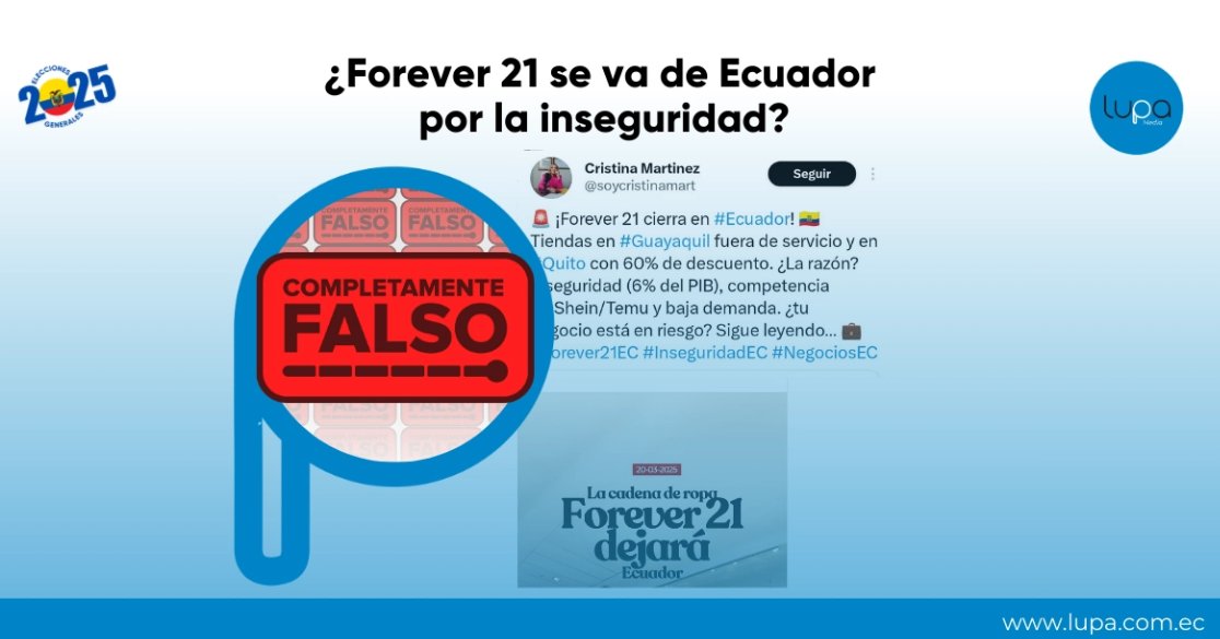 LupaMediaEC's tweet photo. 🔍#FactCheckViral | Nos preguntaron si es verdad que Forever 21 deja Ecuador por la inseguridad en el país. Y la respuesta es no❌.
🤔 ¿Cómo lo sabemos?
La empresa estadounidense emitió un comunicado, en el que anunció, por segunda vez, su bancarrota y el cierre de tiendas a nivel mundial, no solo en Ecuador.
📌 Revisa la verificación completa aquí: https://t.co/yPekjvOMwQ