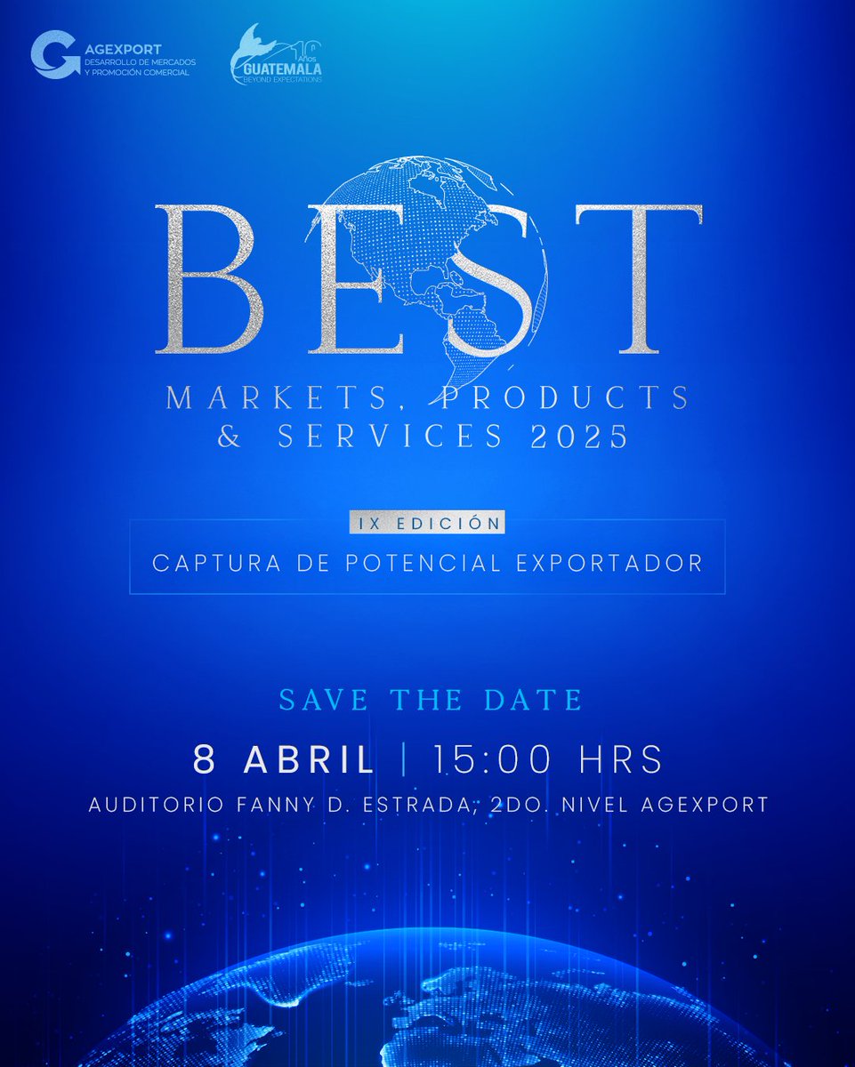 ¡Acompáñanos en el lanzamiento de BEST Markets, Products &amp; Services 2025!

Descubre las oportunidades con mayor potencial para exportar y crecer en el próximo año. ¡No te lo pierdas!
#InteligenciaDeMercados

🔗 Regístrate aquí: bit.ly/4kxvET2

<a href="/AGEXPORTGT/">AGEXPORT</a> <a href="/LPAJimenez/">Paola Alvarez</a>