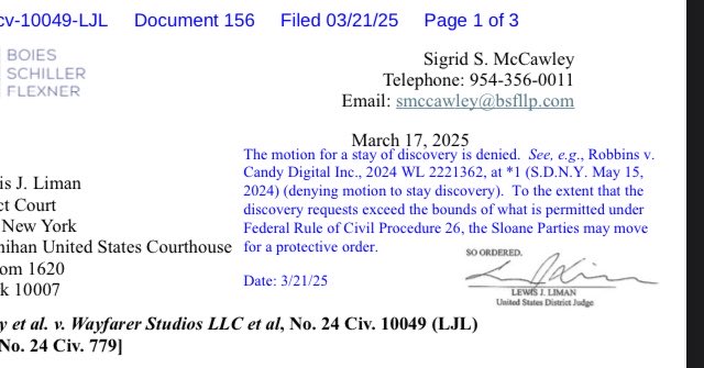 ElleLatham's tweet photo. Happy Friday. https://t.co/F1dFSg2Yyf #LeslieSloane #MotionDenied #JudgeLiman #LivelyVWayfarer #FridayFeeling #Court #BlakeLively https://t.co/MzkeGnFjCg