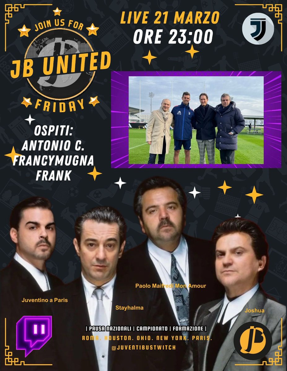🌎 JB UNITED 🌎 
JOHN ELKANN ATTESO IN CONTINASSA PER PARLARE DEL FUTURO DELLA JUVE. QUALI NOVITÀ HA IN SERBO PER LA VECCHIA SIGNORA?

🇮🇹🇨🇵🇬🇧🇪🇦🇺🇦🇧🇷🇯🇵🇲🇽🇧🇪🇨🇲🇺🇲

Rome 🕒 23:00

On <a href="/juventibus/">Juventibus</a> #Twitch twitch.tv/juventibus

#JBUnited
