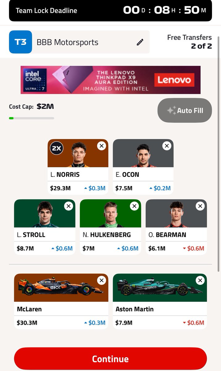 ShaneBoyer's tweet photo. @F1FantasyTips In a similar situation. Did you look at swapping Williams out for Haas or Aston and keeping Norris? Your team would look like this? https://t.co/7hqUK8wSgX