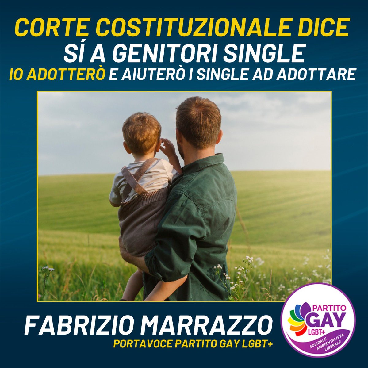 CORTE COSTITUZIONALE DICE 
SÍ A GENITORI SINGLE:
IO ADOTTERÒ E AIUTERÒ I SINGLE AD ADOTTARE

Fabrizio Marrazzo, portavoce Partito Gay Lgbt+

#ChiSeNonNoi #PartitoGay

#Sentenza #Cassazione #Single #Adozione #Adozionesingle #pride #pridemonth #lgbt
