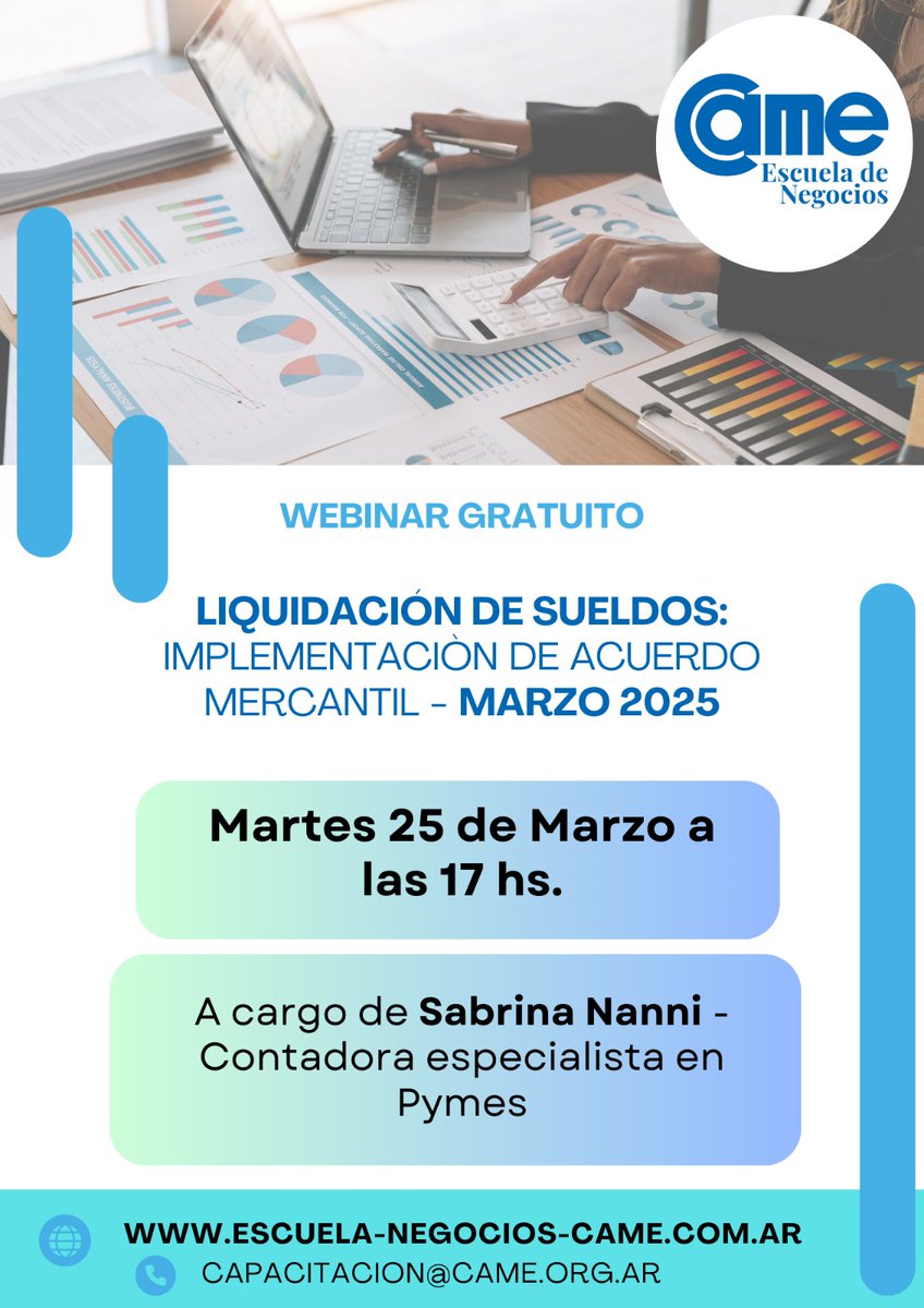 #Webinar Liquidación de sueldos 👨‍💻

Sumate, desde todo el país 🇦🇷, al webinar gratuito de #CAME sobre “Liquidación de sueldos: implementación del acuerdo mercantil – Mes de Marzo” a cargo de la Cdora. Sabrina Nanni.

🗓️ Martes 25/3
🕔 17hs
📲 Virtual

🔗 bit.ly/417J13o