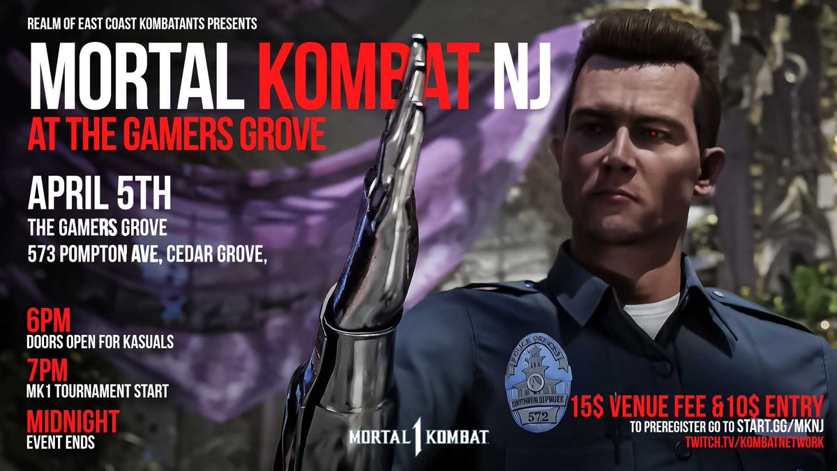 Ready to go! MK1 tournament at MKNJ#31 

April 5th we’ll be hosting at Gamers Grove in Cedar grove NJ. 

Premiere lan center with your own screen, audio/headset and awesome environment 😎 

Games to be played on PS5, first to 3, double elimination bracket 

🏆 and 🏅 🏅 🏅 s