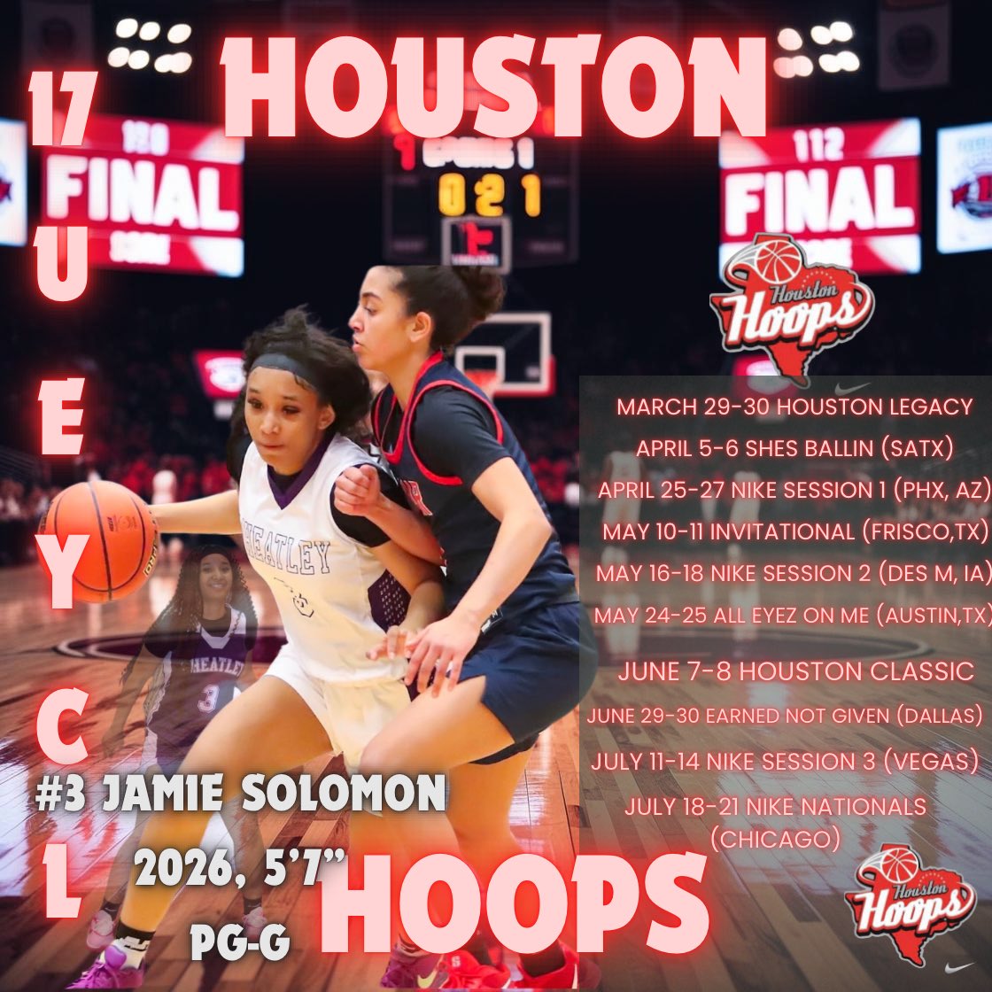 I have committed to the Houston Hoops 17U EYCL Team for the summer. I can’t wait for this great opportunity to get on the court and ball out for the love of the game. Come and check me out this summer.