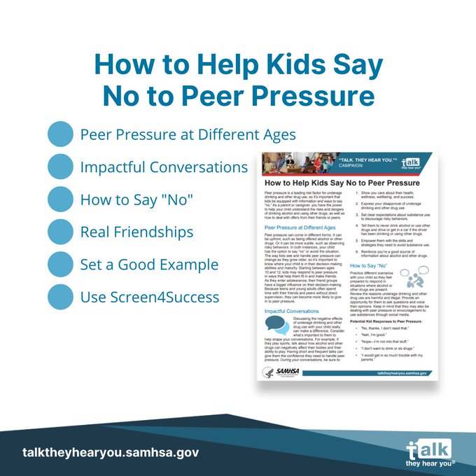 Take time this National Drug and Alcohol Facts Week to talk 💬 with your kids about the risks and dangers ⚠️ of substance use. #NDAFW

This fact sheet from #TalkTheyHearYou can help you navigate the conversation: samhsa.gov/sites/default/…