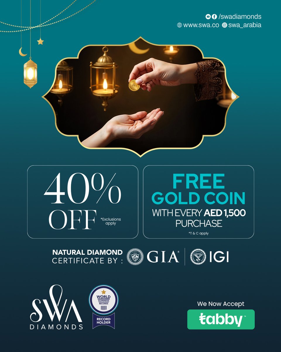 MushrifMall's tweet photo. May this Eid shine brighter with SWA Diamonds. Now get up to 40% off &amp; win free gold coin on purchase worth 1500 AED.

@swadiamonds

#MushrifMall #MallWithADifference #Swa #SwaDiamonds #Diamonds #Jewellery #jewelleryaddict #jewellerydesign #Ramadan #Ramadancollections https://t.co/ArOD0yB9u2
