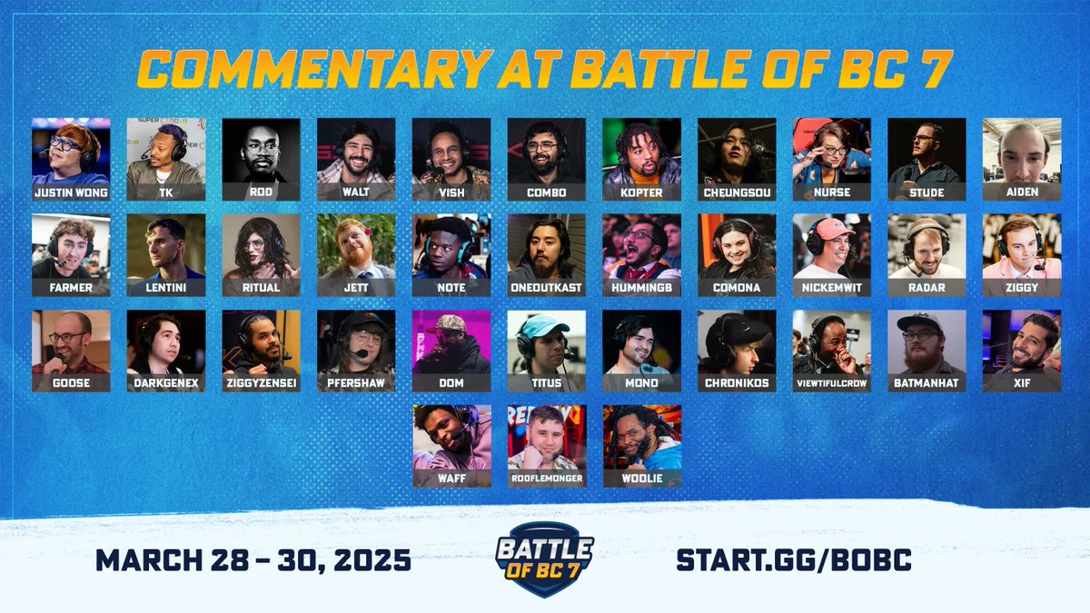 We're excited to announce our commentary lineup for #BoBC7! 📣

A ton of incredible voices are coming through to help hype up the sets, we couldn't ask for a more stacked group!

Help us welcome our commentators, give them a hand! 👏👏